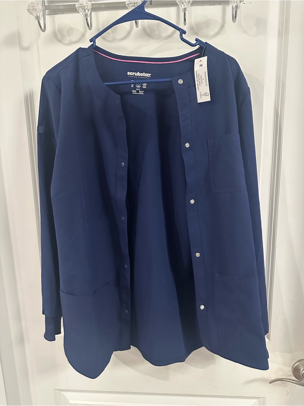 Scrubstar Navy Medical Snap-Front Scrub Jacket with Pink Trim